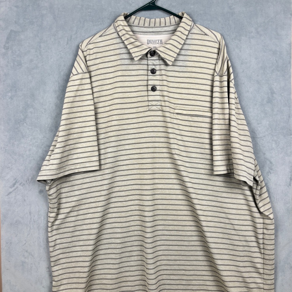 Duluth Trading Co Mens 2XL Striped Performance Polo Shirt Tan Black Short Sleeve